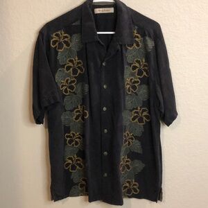 Tommy Bahama L Black with Floral Striped Hawaiian Silk Shirt men's tropical
